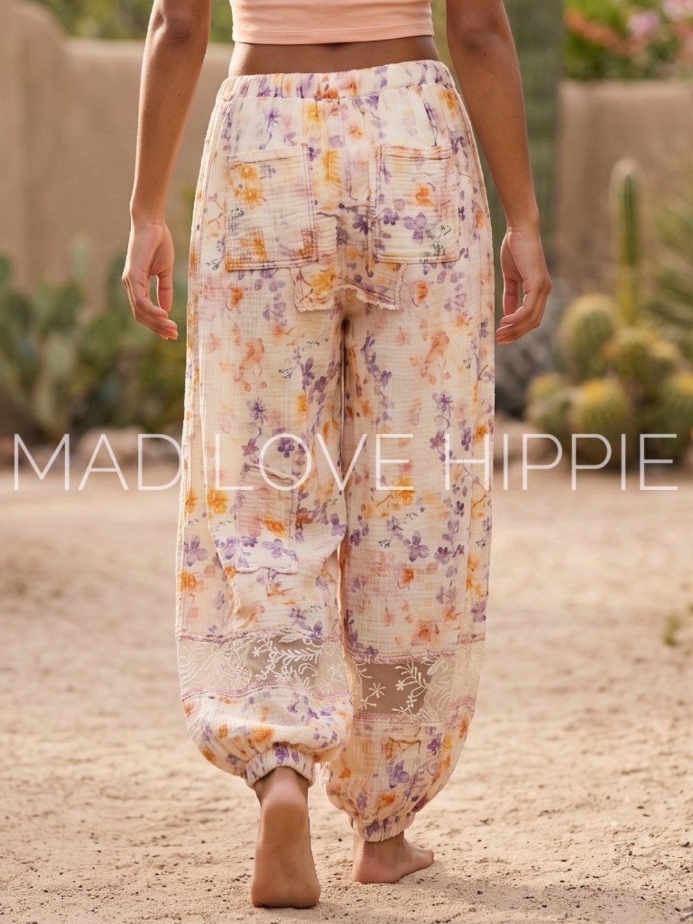 POL Pink Floral Patchwork Balloon Joggers | Romantic Boho Pull On Pants - Picture 3 of 6